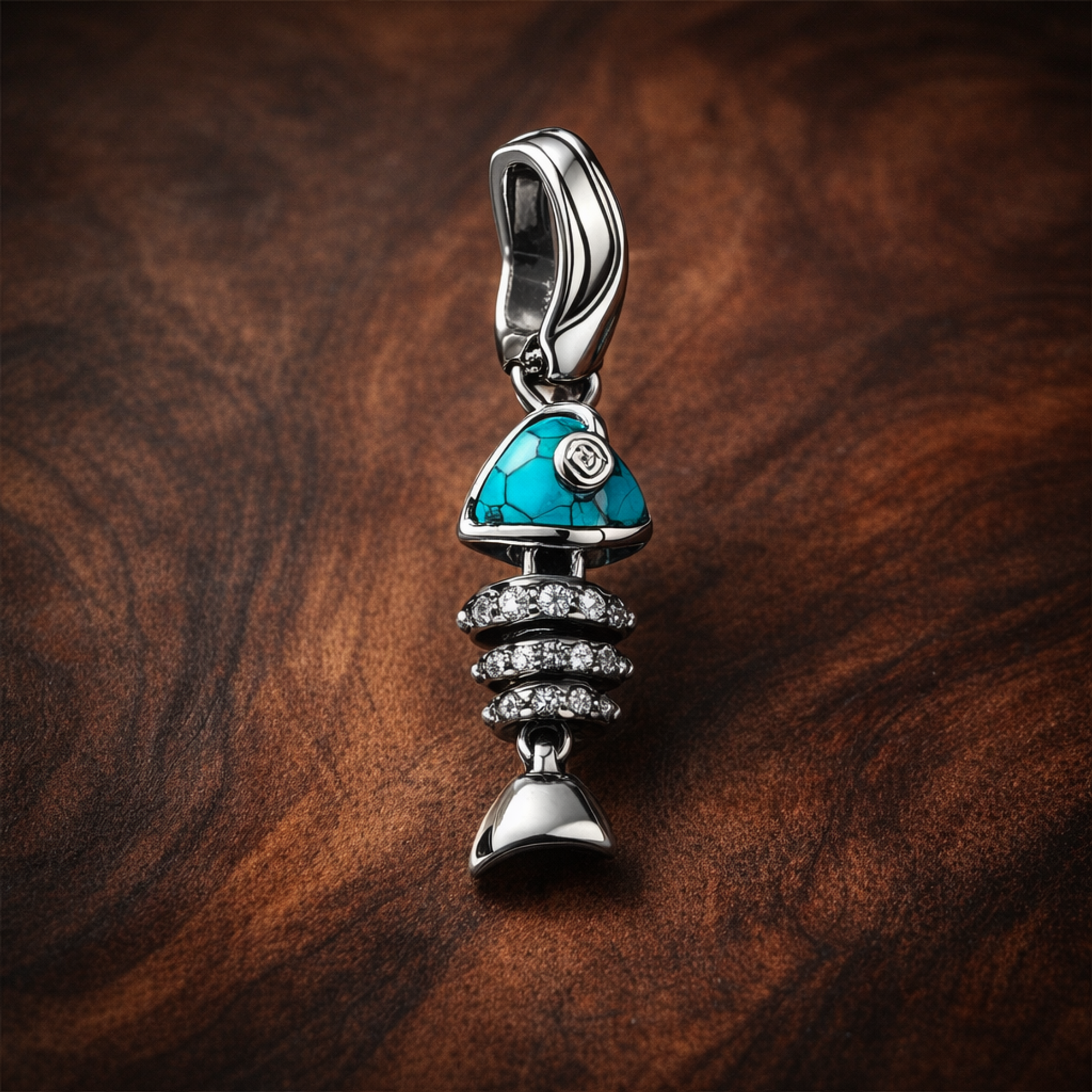 Fishbone Turquoise Charm - Fishbone Turquoise Charm — display on walnut