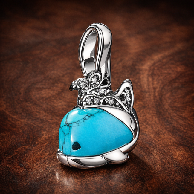 Turquoise-colored Whale Dangle Charm — display on walnut