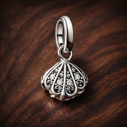Sparkling Shell Mini Dangle Charm — display on walnut