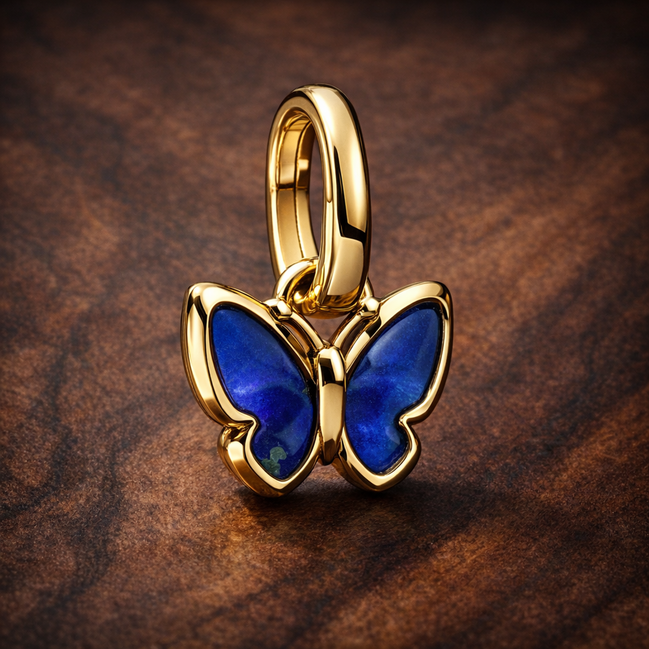 Blue Butterfly Mini Dangle Charm — display on walnut