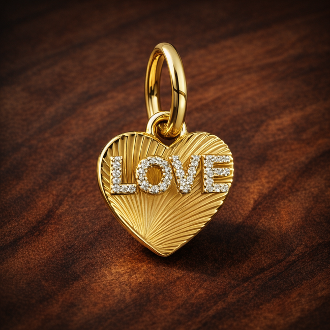 Gold Plated Love Heart - Gold Plated Love Heart Charm — display on walnut
