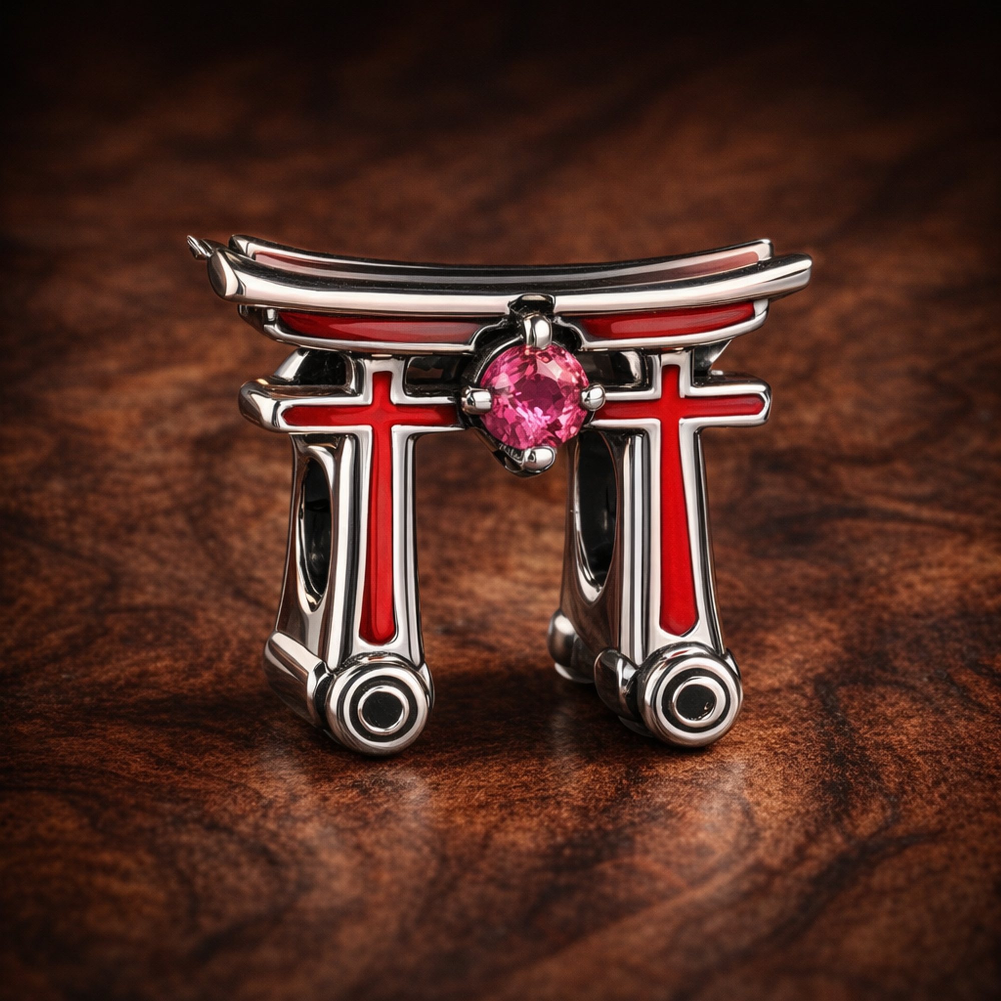 Red Torii Gate Charm - Red Torii Gate Charm — display on walnut