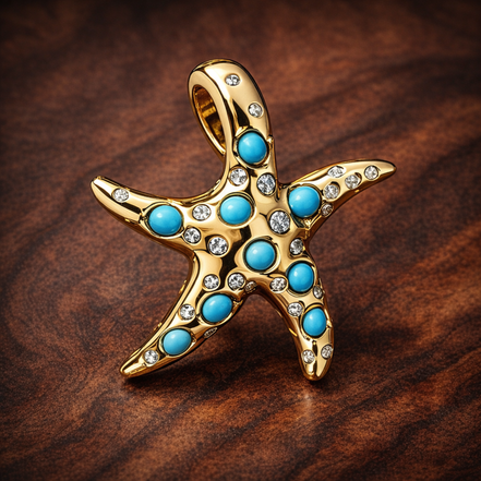 Sparkling Blue Starfish Dangle Charm — display on walnut