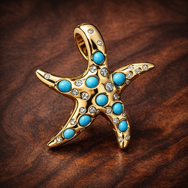 Sparkling Blue Starfish Dangle Charm — display on walnut