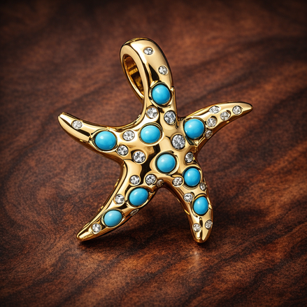 Sparkling Blue Starfish Dangle Charm — display on walnut