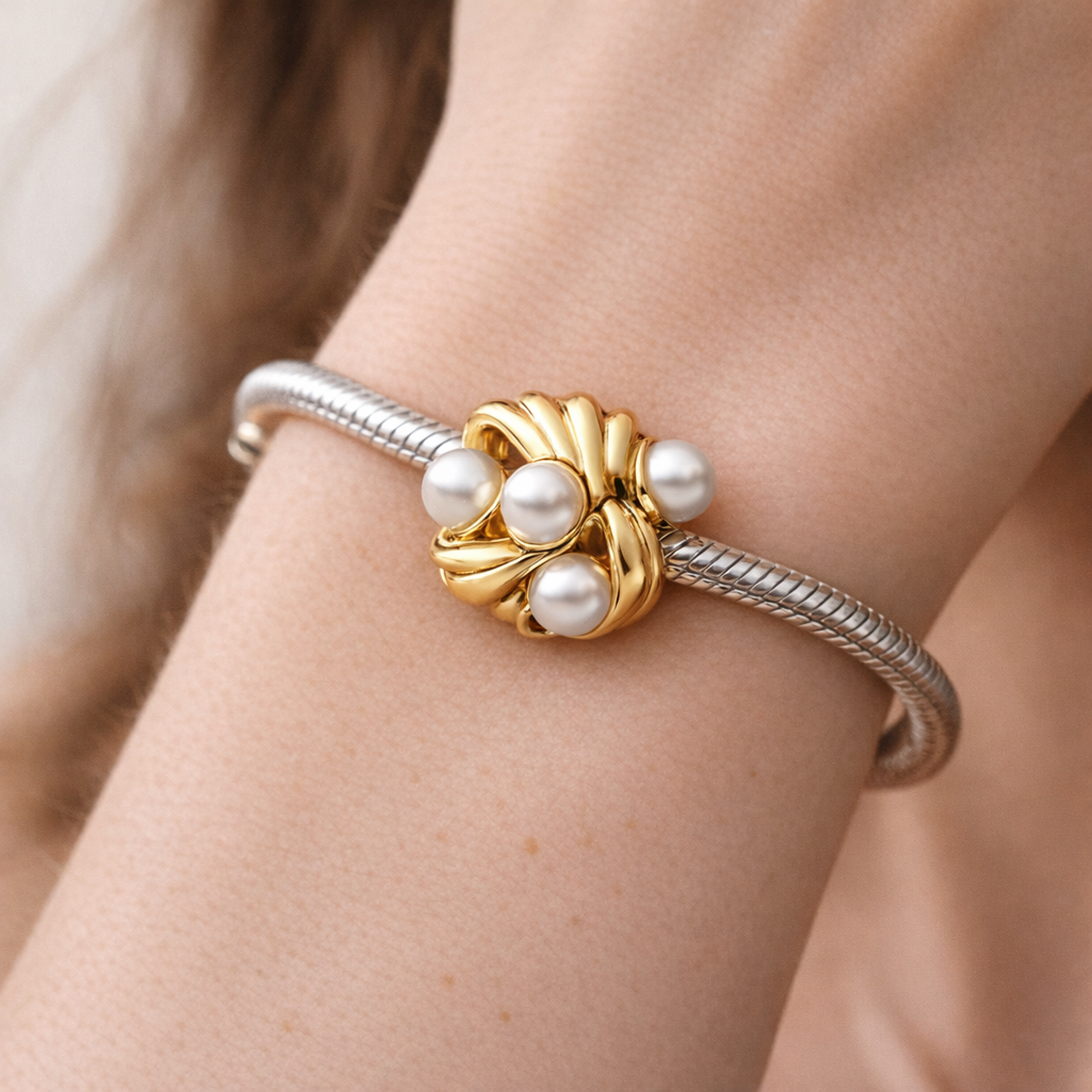 Gold Plated Shell Pearl Cluster Charm - Shell Pearl Cluster Charm — worn on wrist