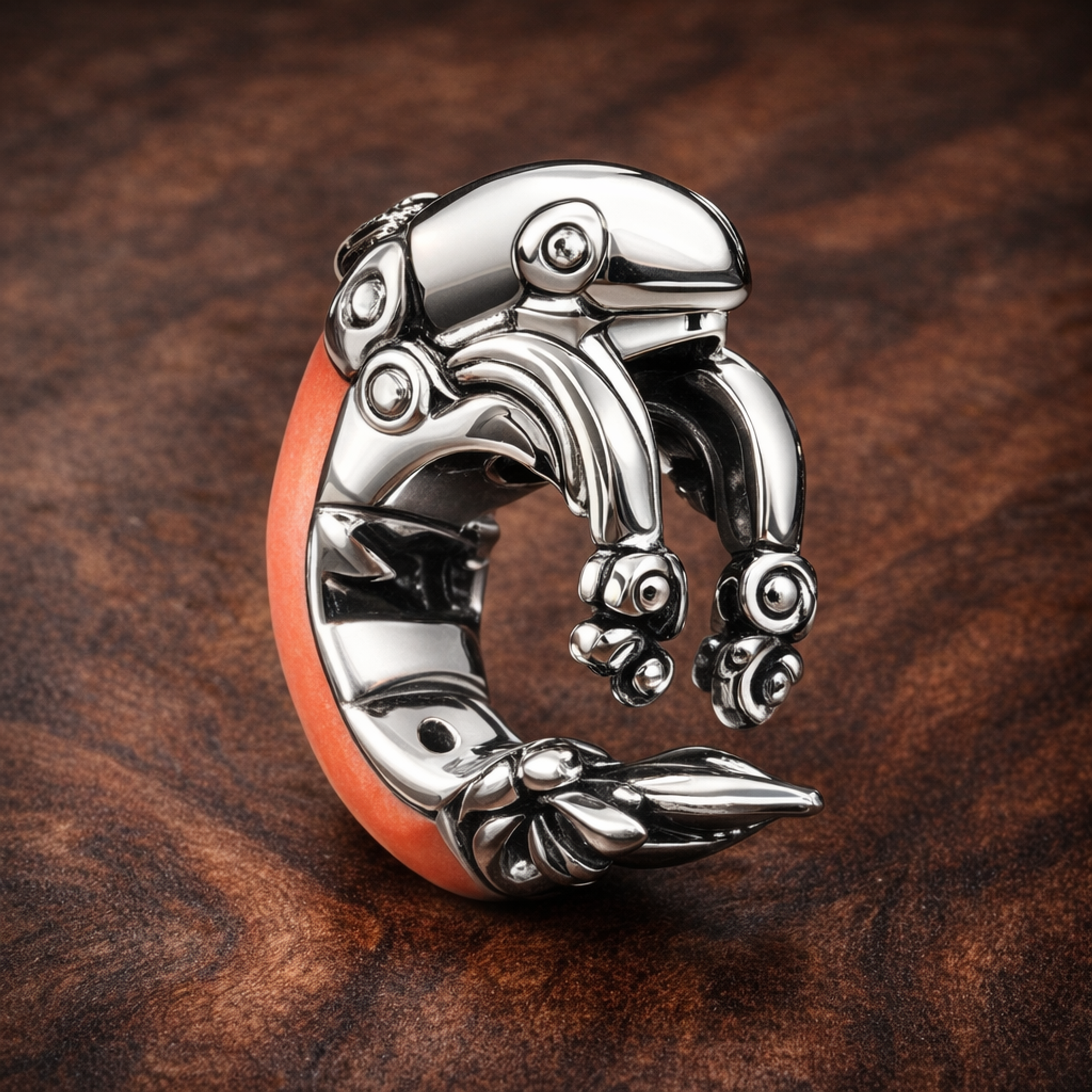Shrimp Charm — display on walnut