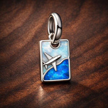 Opal Airplane Tag Charm - Opal Airplane Tag Charm — display on walnut