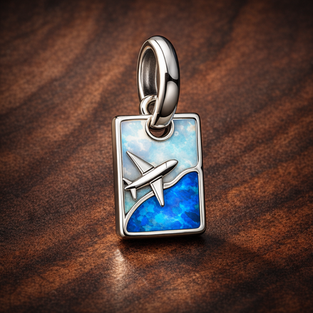 Opal Airplane Tag Charm - Opal Airplane Tag Charm — display on walnut