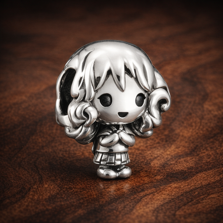 Girl Character Curly Hair And Book Detail - Sterling Silver Girl Character Charm With Curly Hair And Book Detail — display on walnut