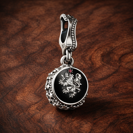 Yin Yang Star Medallion - Yin Yang Star Medallion Charm — display on walnut