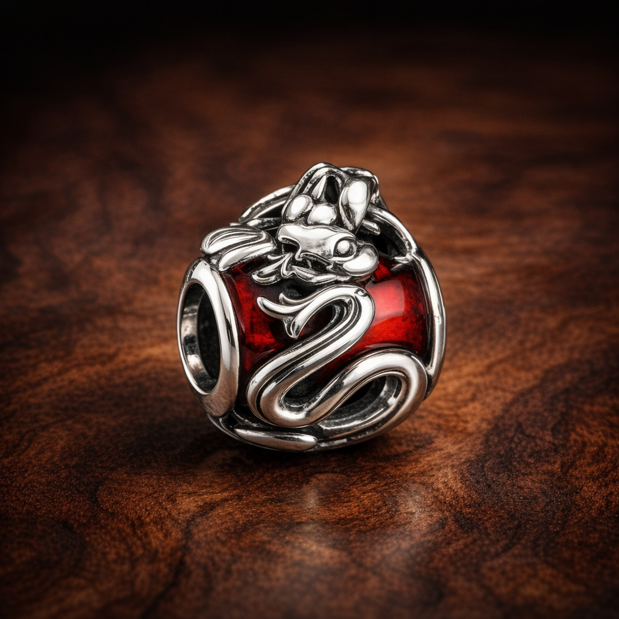 Red Crab Bead - Red Crab Bead Charm — display on walnut