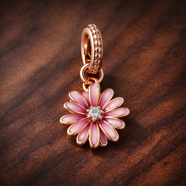 Pink Daisy Flower Dangle Charm — display on walnut