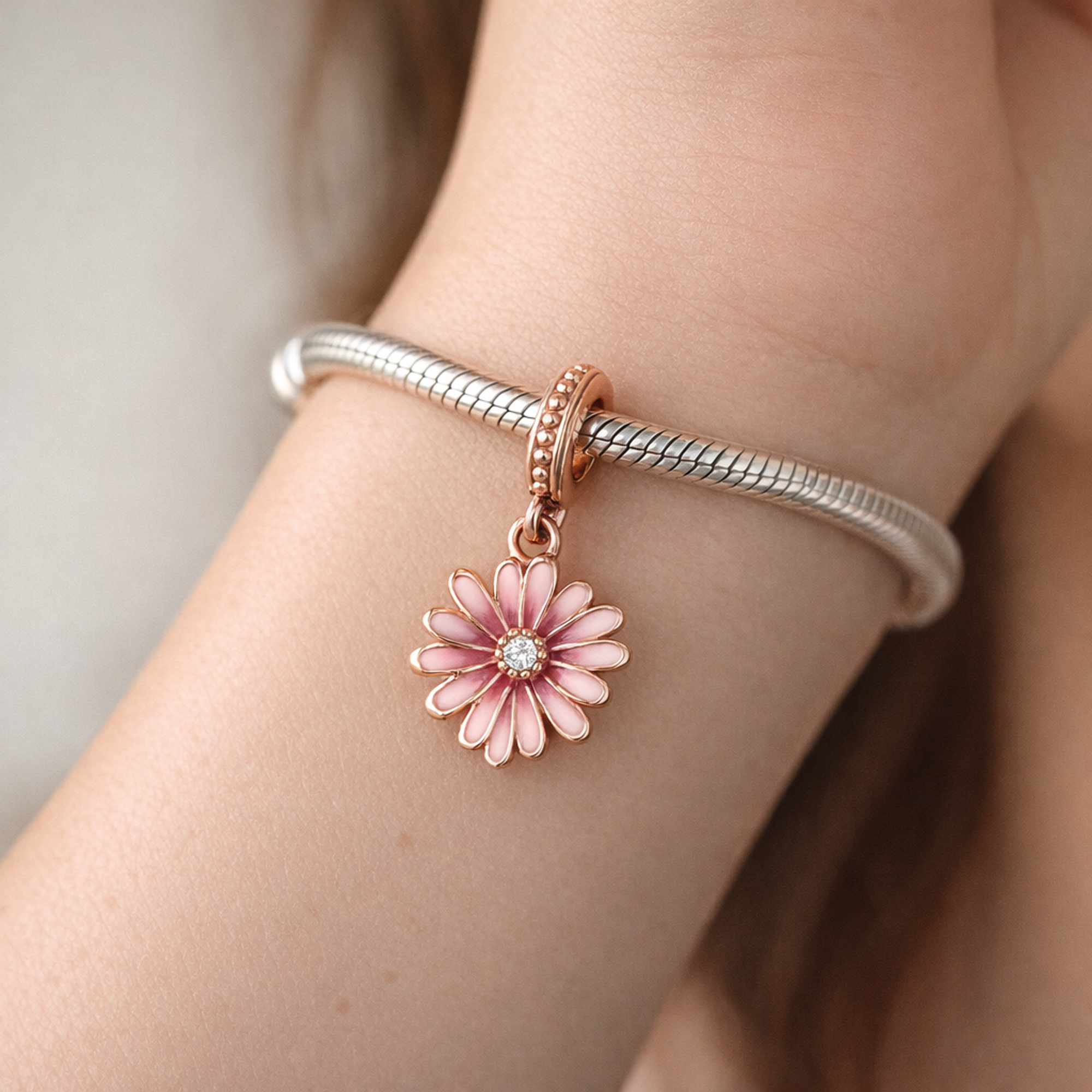 Pink Daisy Flower Dangle Charm — worn on wrist