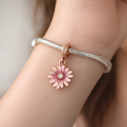 Pink Daisy Flower Dangle Charm — worn on wrist