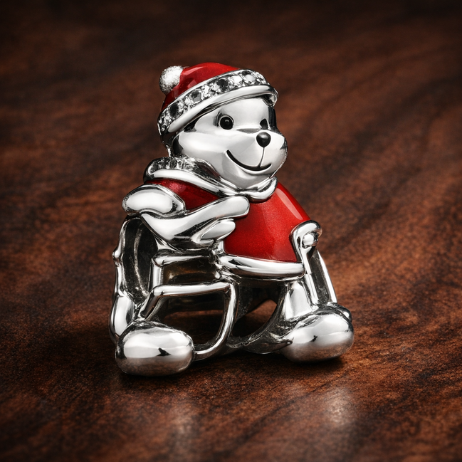 Pooh Santa Figure - Pooh Santa Figure Charm — display on walnut