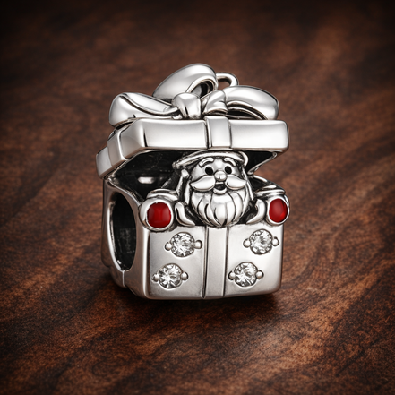 Santa Gift House Bead - Santa Gift House Bead Charm — display on walnut