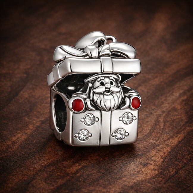 Santa Gift House Bead - Santa Gift House Bead Charm — display on walnut