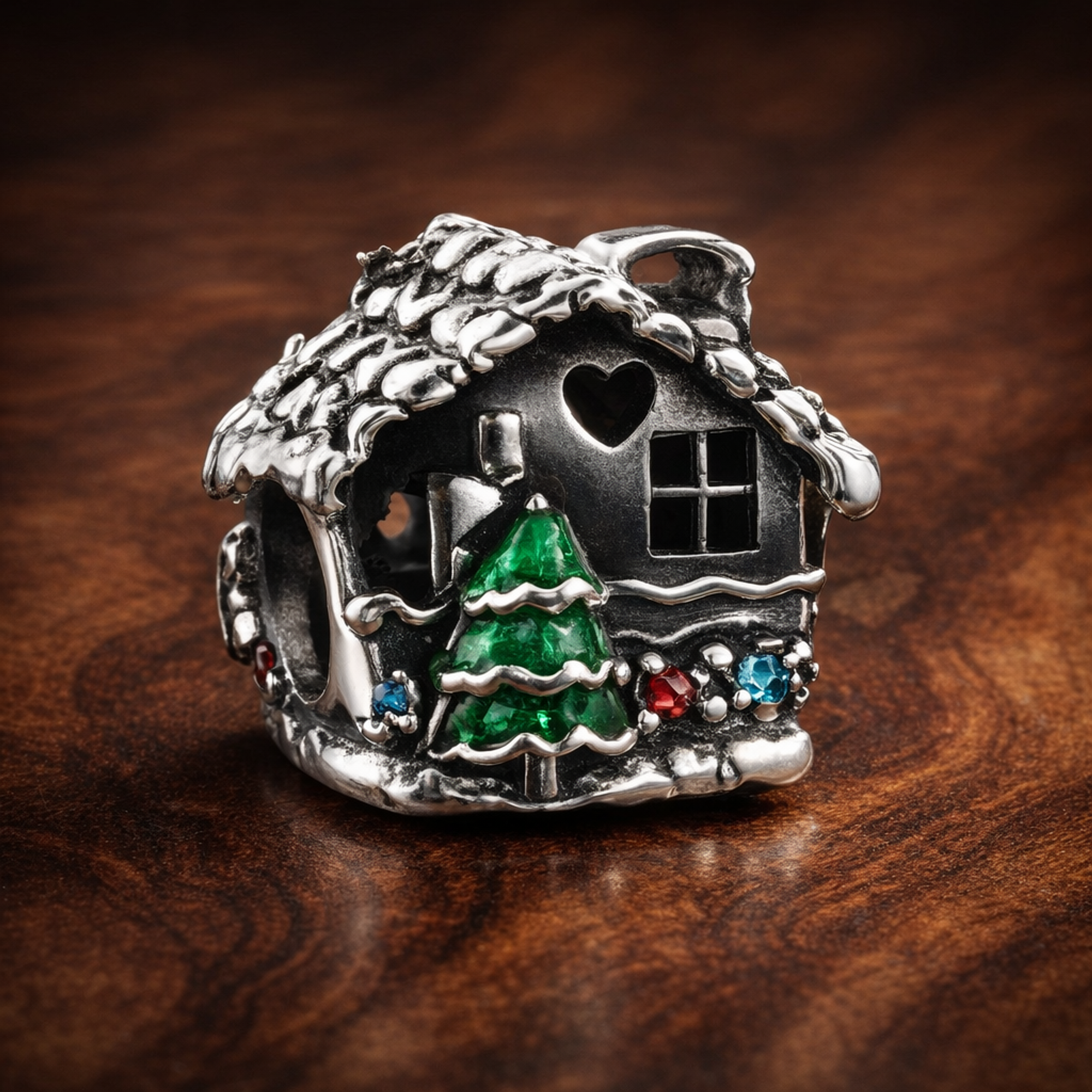 Gingerbread House Bead - Gingerbread House Bead Charm — display on walnut