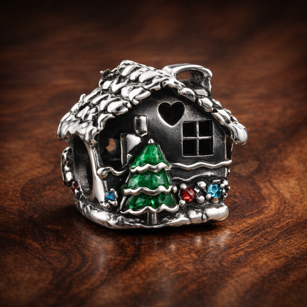 Gingerbread House Bead - Gingerbread House Bead Charm — display on walnut