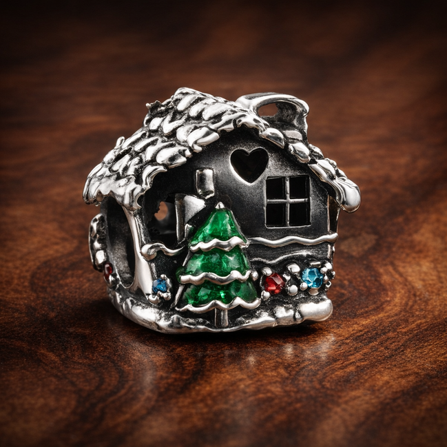 Gingerbread House Bead - Gingerbread House Bead Charm — display on walnut