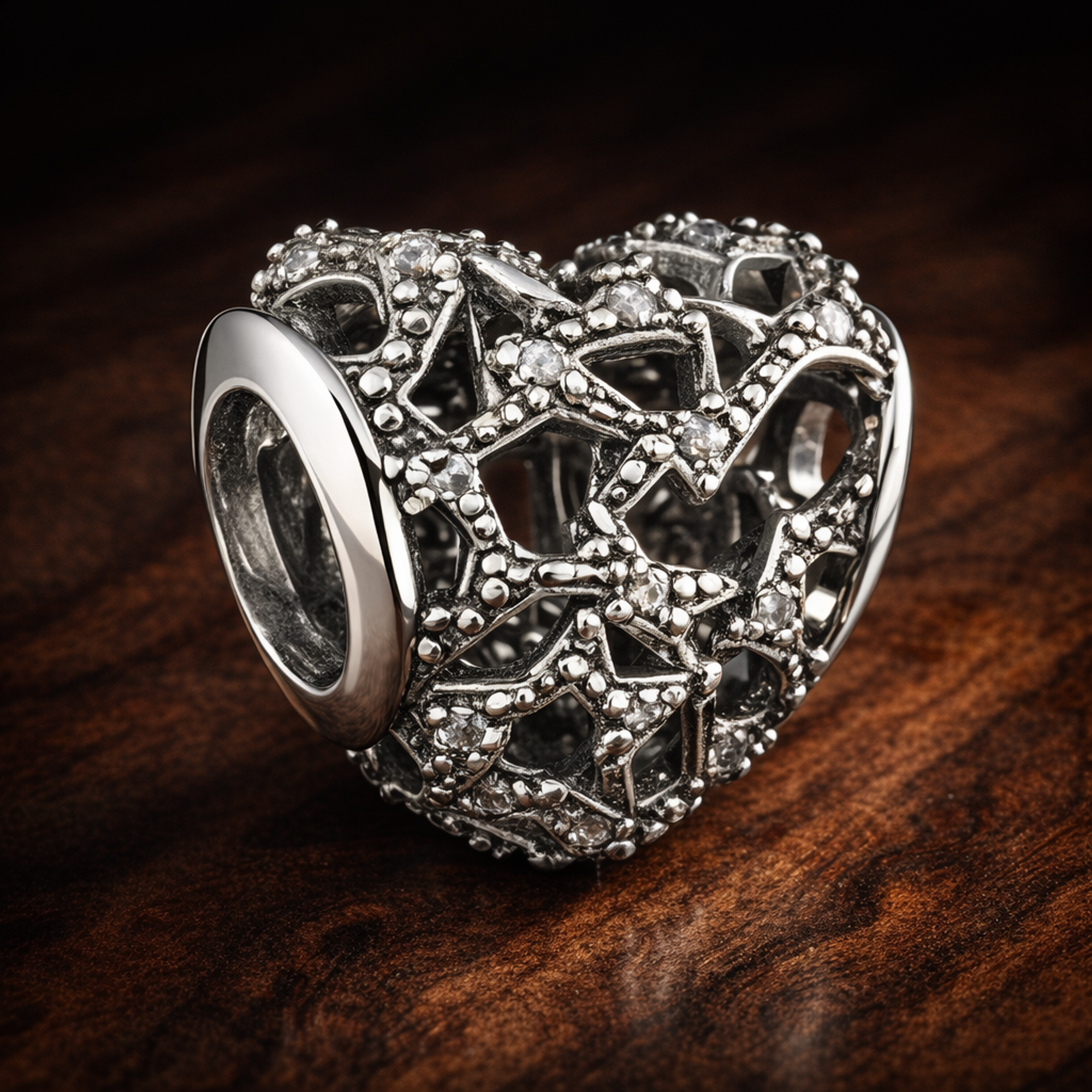 Crystal Heart Bead - Crystal Heart Bead Charm — display on walnut