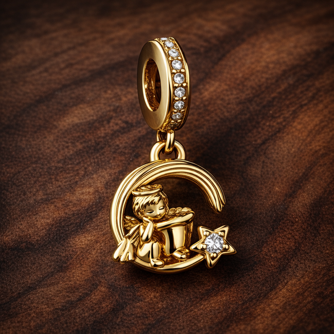 Gold Plated Moon Fu Dangle - Gold Plated Moon Fu Dangle Charm — display on walnut