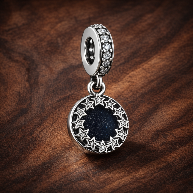 Blue Star Wreath Dangle - Blue Star Wreath Dangle Charm — display on walnut