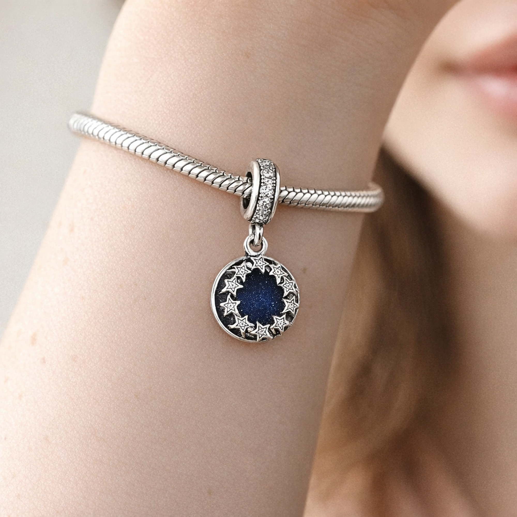 Blue Star Wreath Dangle - Blue Star Wreath Dangle Charm — worn on wrist