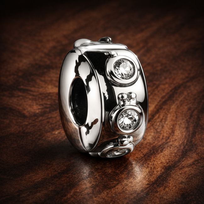 Silver Crystal Barrel - Silver Crystal Barrel Charm — display on walnut
