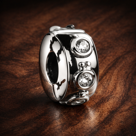 Silver Crystal Barrel - Silver Crystal Barrel Charm — display on walnut