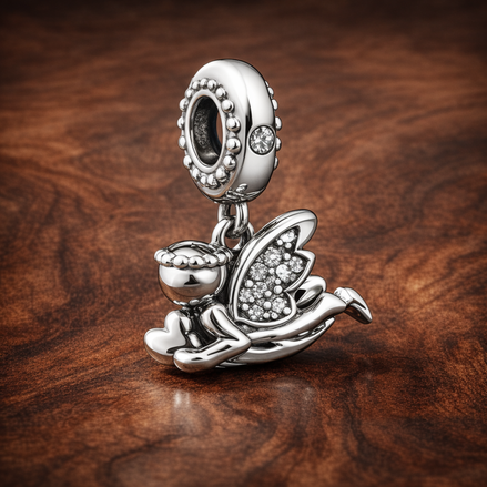 Sparkling Fairy - Sterling Silver Sparkling Fairy Dangle Charm — display on walnut