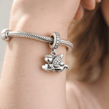 Sparkling Fairy - Sterling Silver Sparkling Fairy Dangle Charm — worn on wrist