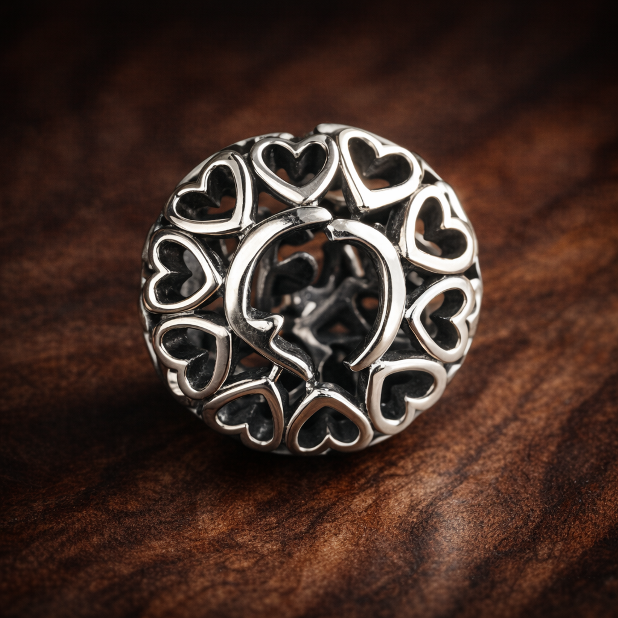Family Tree Heart Openwork - Heart Garden Family Tree Charm — display on walnut