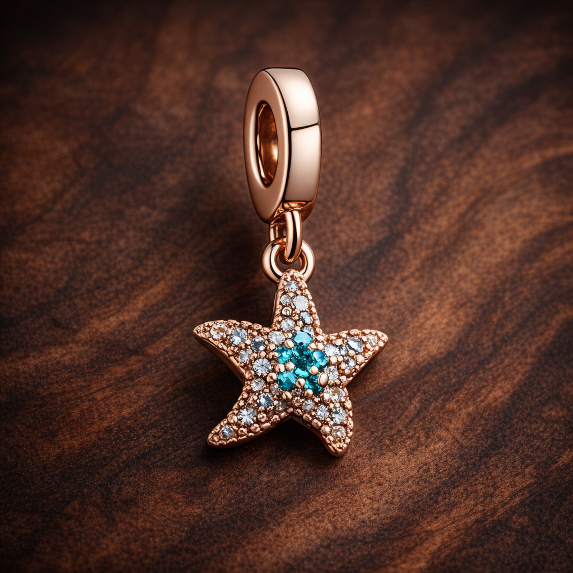 Sparkling Starfish Dangle Charm — display on walnut
