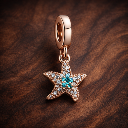 Sparkling Starfish Dangle Charm — display on walnut