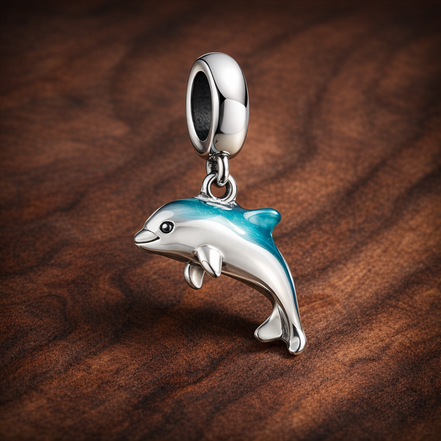Blue Dolphin Dangle - Silver Dolphin Splash Dangle — display on walnut