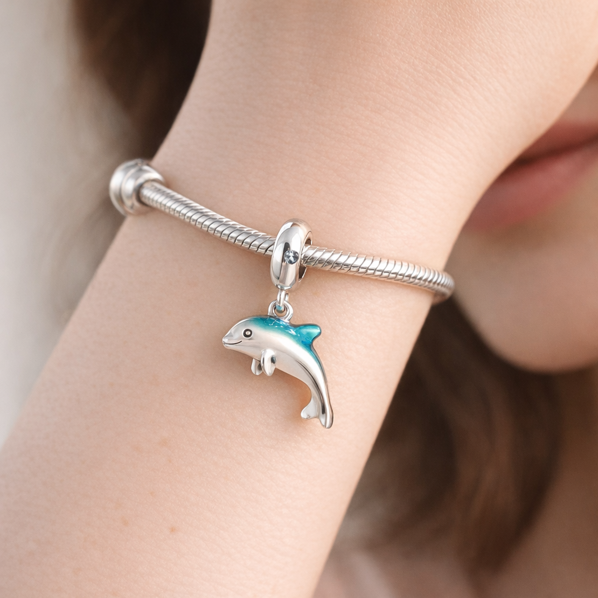 Blue Dolphin Dangle - Silver Dolphin Splash Dangle — worn on wrist