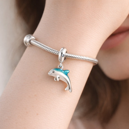 Blue Dolphin Dangle - Silver Dolphin Splash Dangle — worn on wrist