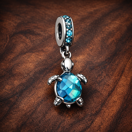 Murano Glass Sea Turtle Dangle Charm — display on walnut