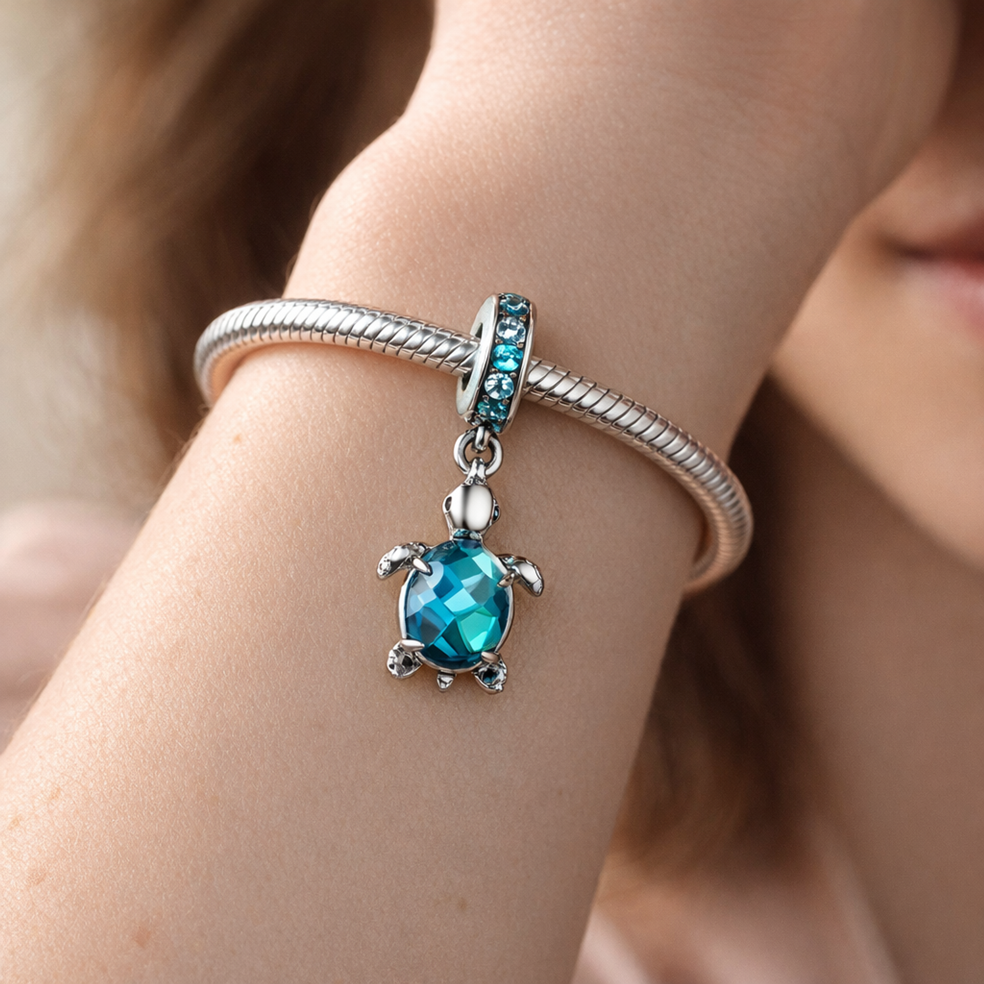 Murano Glass Sea Turtle Dangle Charm — worn on wrist