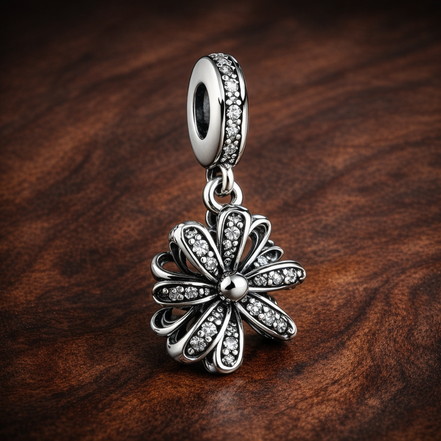 Silver Daisy Dangle - Crystal Daisy Dangle Charm — display on walnut