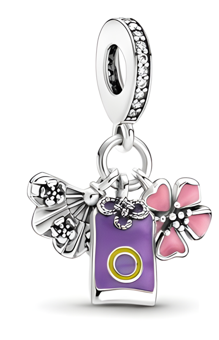 Sterling Silver Flower & Shopping Bag Dangle Charm
