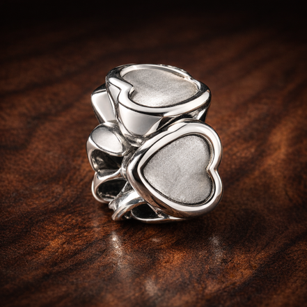 Open Heart Spacer - Sterling Silver Open Heart Spacer Charm — display on walnut
