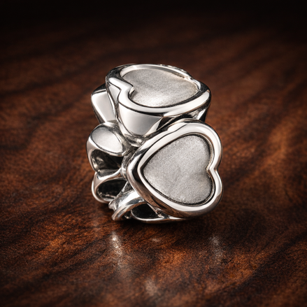 Open Heart Spacer - Sterling Silver Open Heart Spacer Charm — display on walnut