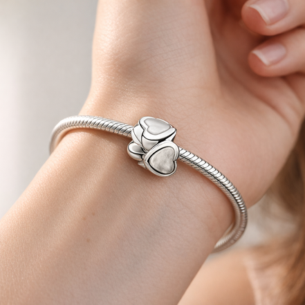 Open Heart Spacer - Sterling Silver Open Heart Spacer Charm — worn on wrist