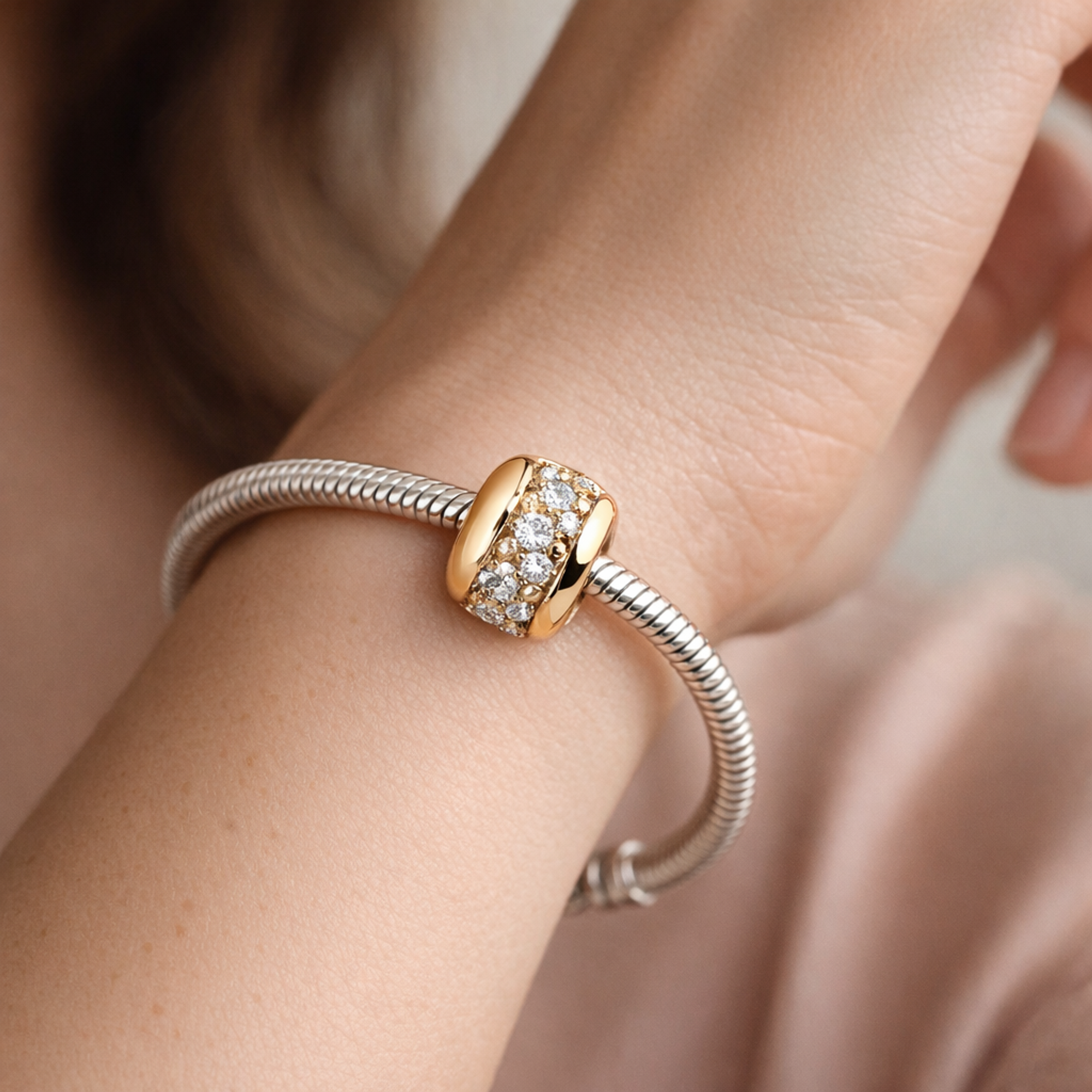 Clear Pavé Clip Charm — worn on wrist