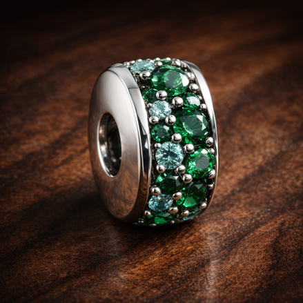 Emerald Pave Band - Emerald Green Crystal Spacer — display on walnut