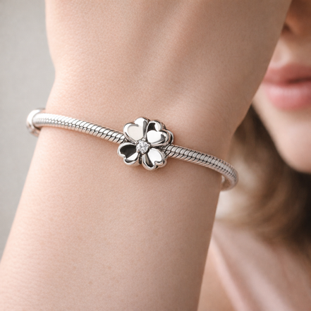 White Flower Dangle - White Petal Crystal Flower Dangle — worn on wrist