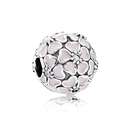 Sterling Silver Round Charm with Pink Enamel Cherry Blossom Design